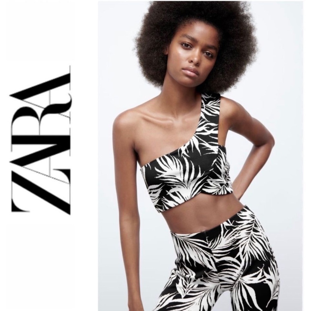 ZARA Jacquard One Shoulder Leaf Print Top (small, black & white)